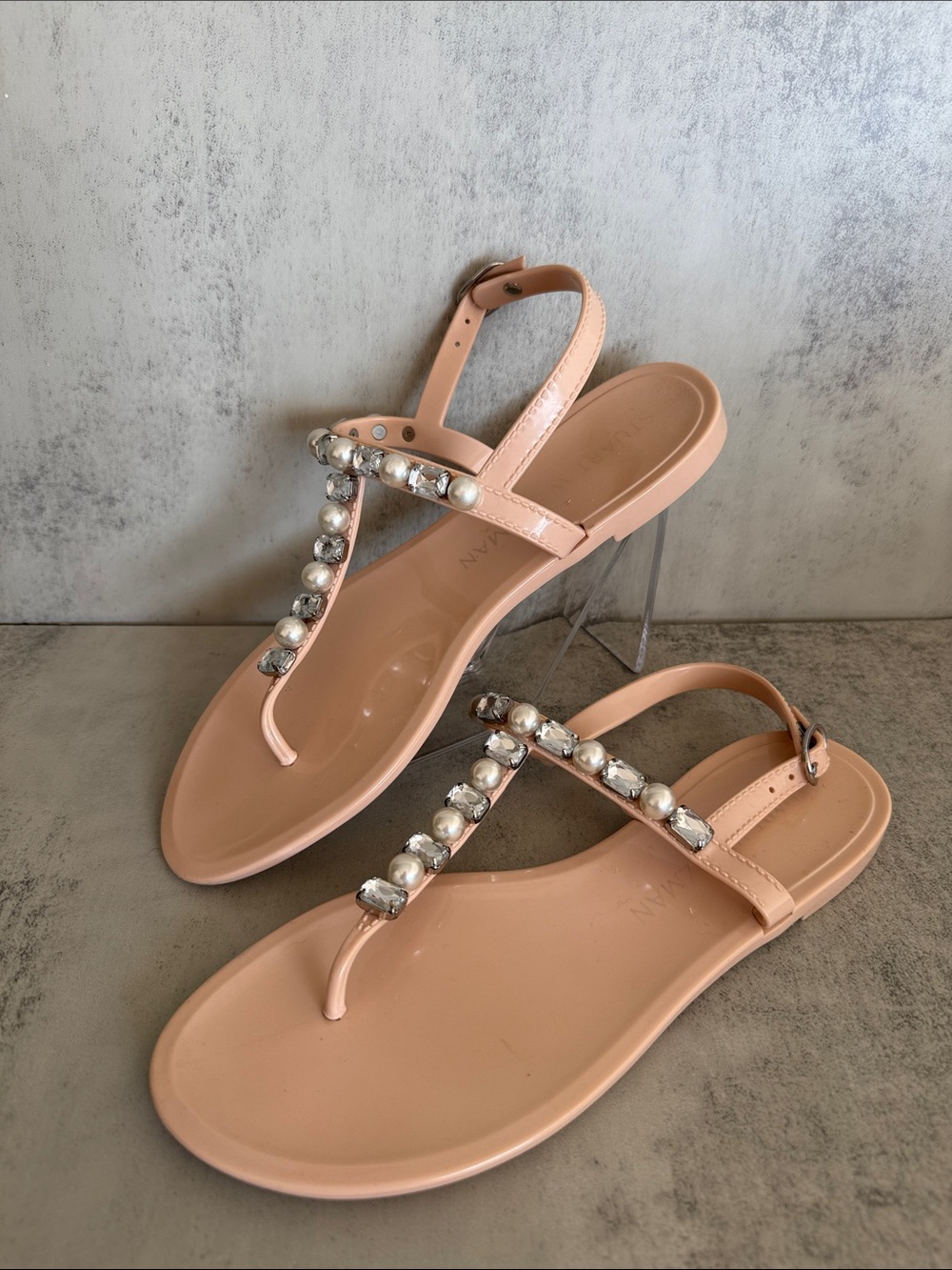 Stuart Weitzman Blush Jelly Pearl Crystal Sandals Size 8